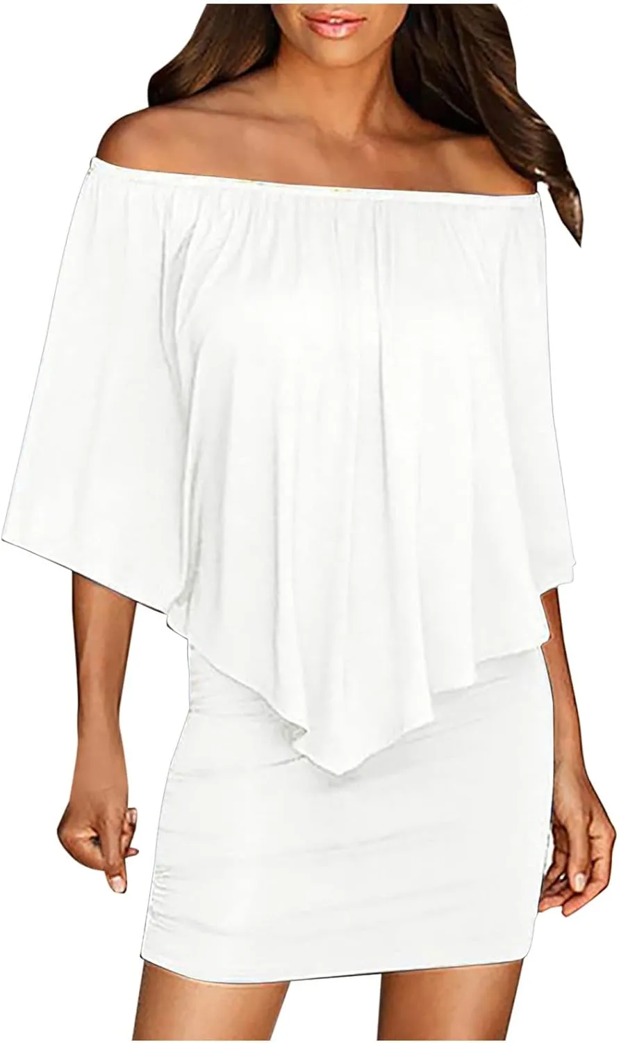 HGps8w Women Off Shoulder Ruffles Bodycon Mini Dress Elegant Flowy Cape Ruched Formal Business Cocktail Party Dresses
