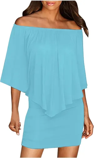 HGps8w Women Off Shoulder Ruffles Bodycon Mini Dress Elegant Flowy Cape Ruched Formal Business Cocktail Party Dresses