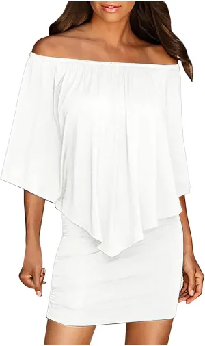 HGps8w Women Off Shoulder Ruffles Bodycon Mini Dress Elegant Flowy Cape Ruched Formal Business Cocktail Party Dresses