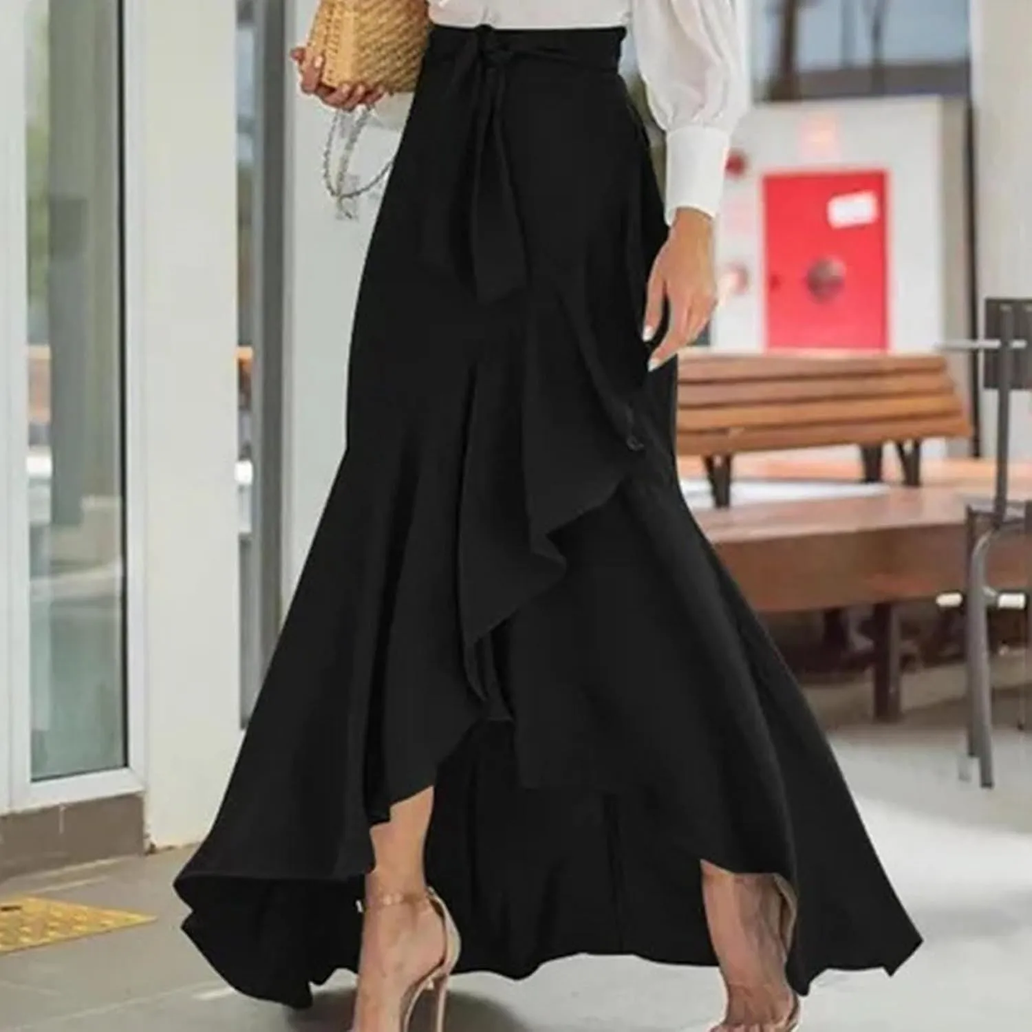 HGps8w Women's Elegant Wrap Maxi Skirt Ruffle Hem High Waisted Asymmetrical Belted Flowy Long Skirts