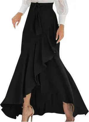 HGps8w Women's Elegant Wrap Maxi Skirt Ruffle Hem High Waisted Asymmetrical Belted Flowy Long Skirts