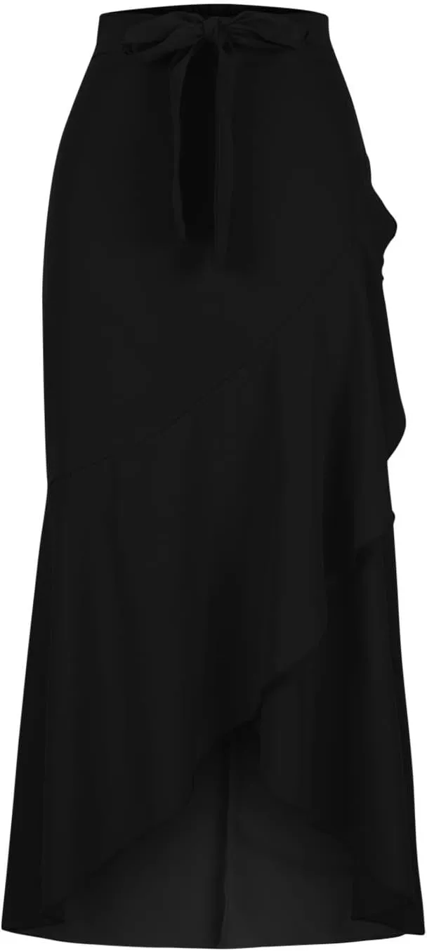 HGps8w Women's Elegant Wrap Maxi Skirt Ruffle Hem High Waisted Asymmetrical Belted Flowy Long Skirts