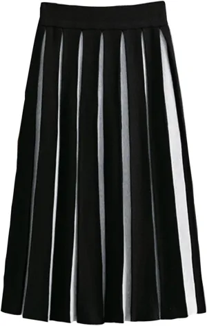 HGps8w Women's Vintage Color Block Knitted Skirts, Elegant Elastic High Waist A-Line Pleated Midi Skirts