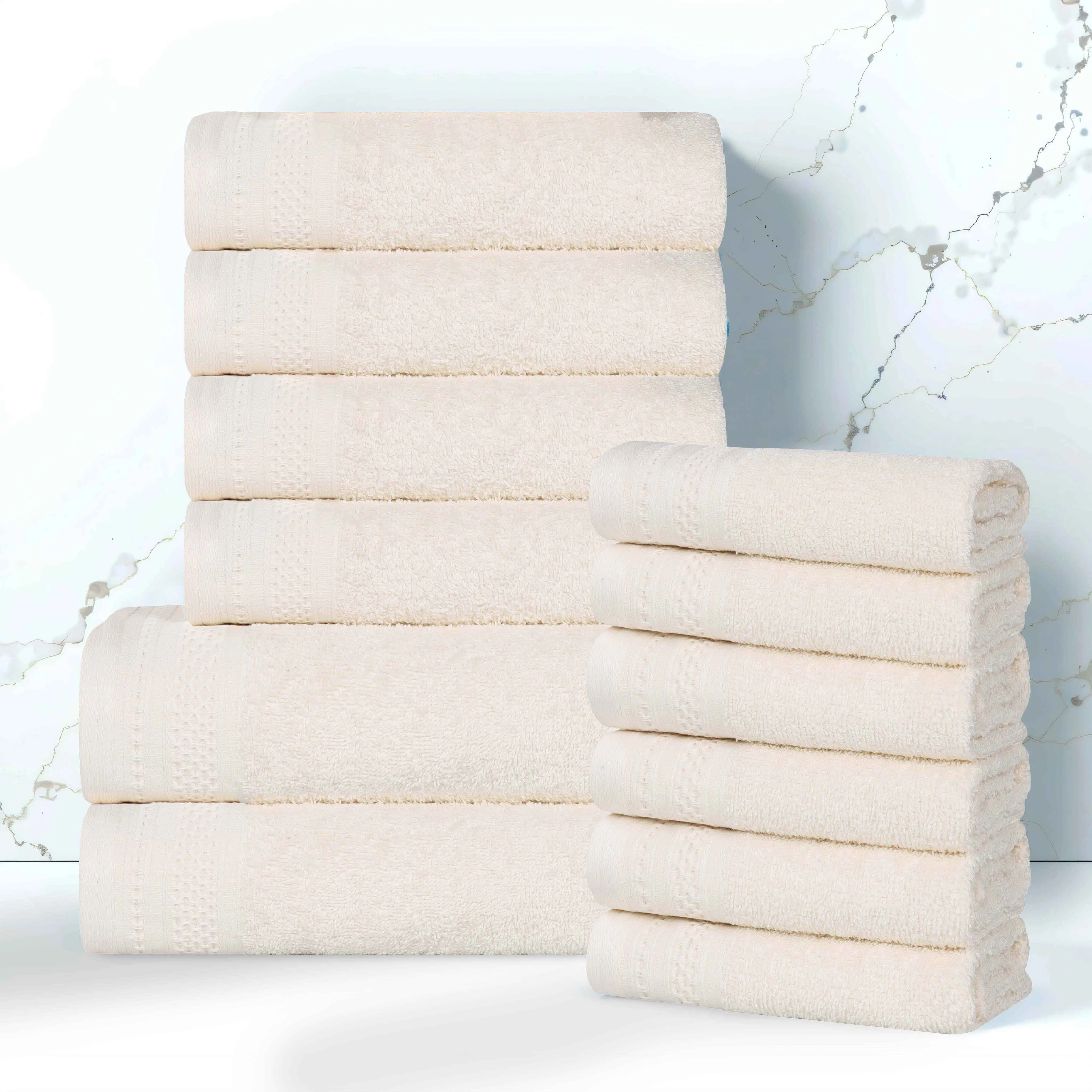 Honeycomb Textured Waffle Border Luxury Cotton 12 Piece Towel Set