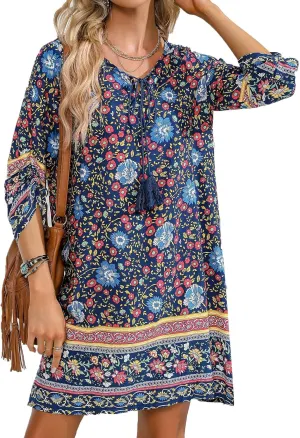 HOTOUCH Women Casual Beach Summer Dress Boho Tassel Tie Neck 3/4 Long Sleeve Short Floral Print Flowy Cover Up Sundresses