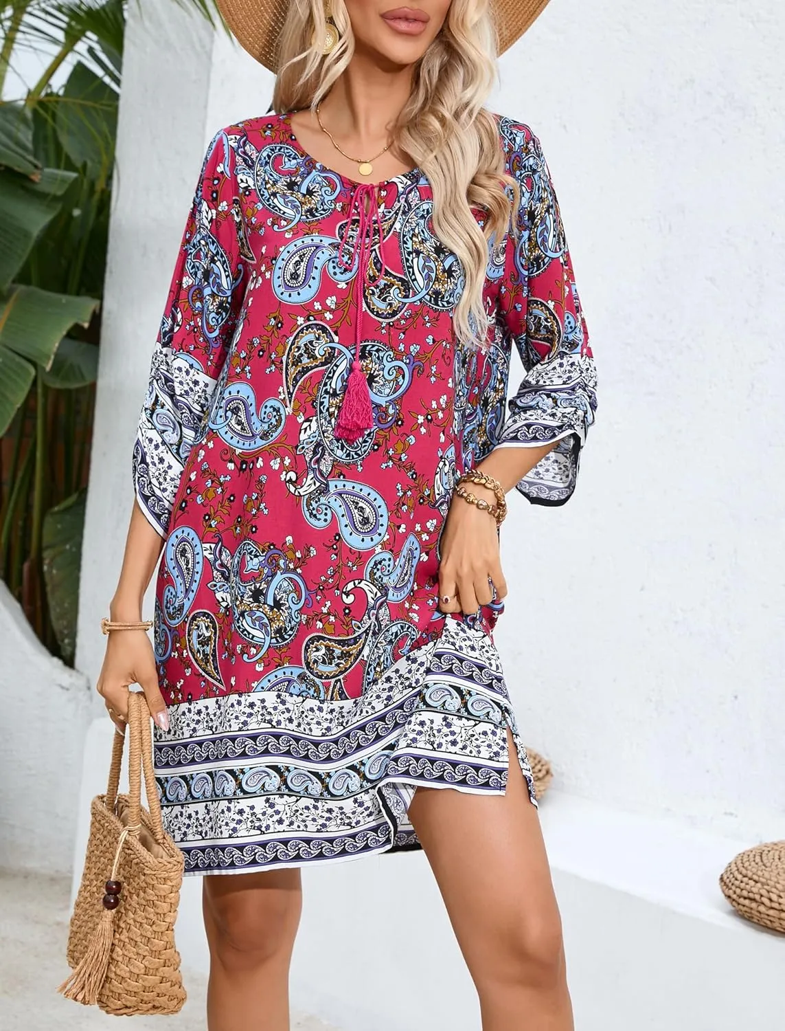 HOTOUCH Women Casual Beach Summer Dress Boho Tassel Tie Neck 3/4 Long Sleeve Short Floral Print Flowy Cover Up Sundresses