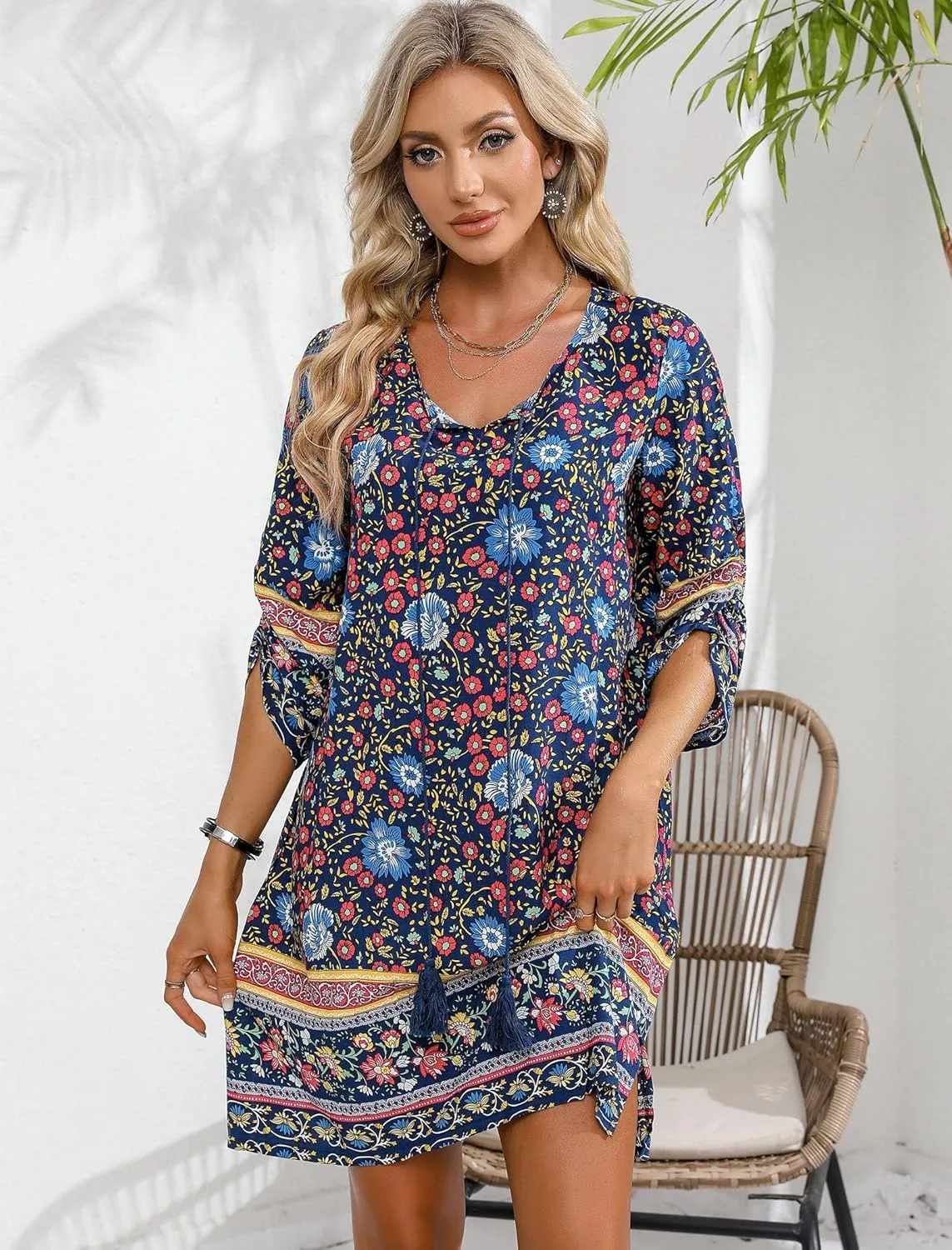 HOTOUCH Women Casual Beach Summer Dress Boho Tassel Tie Neck 3/4 Long Sleeve Short Floral Print Flowy Cover Up Sundresses