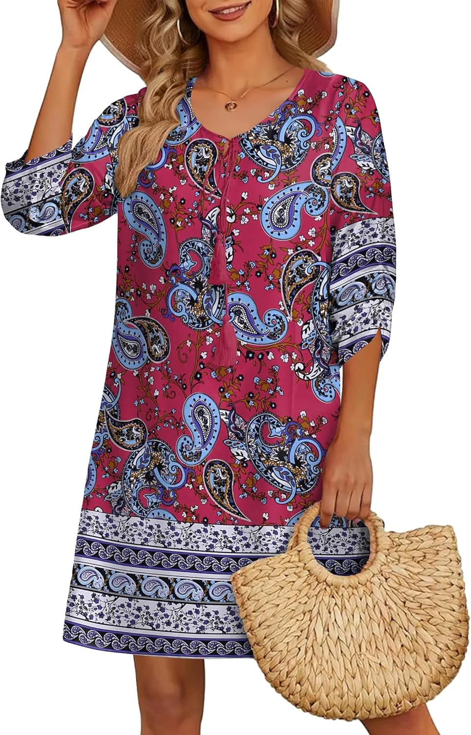 HOTOUCH Women Casual Beach Summer Dress Boho Tassel Tie Neck 3/4 Long Sleeve Short Floral Print Flowy Cover Up Sundresses