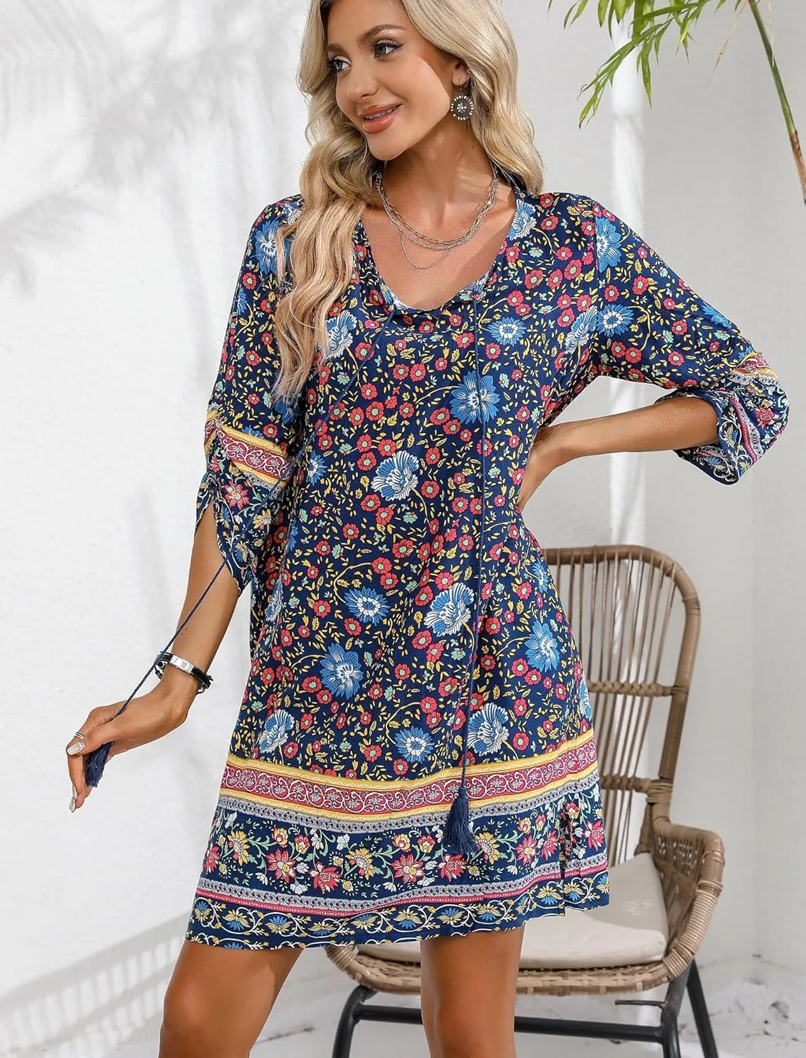 HOTOUCH Women Casual Beach Summer Dress Boho Tassel Tie Neck 3/4 Long Sleeve Short Floral Print Flowy Cover Up Sundresses