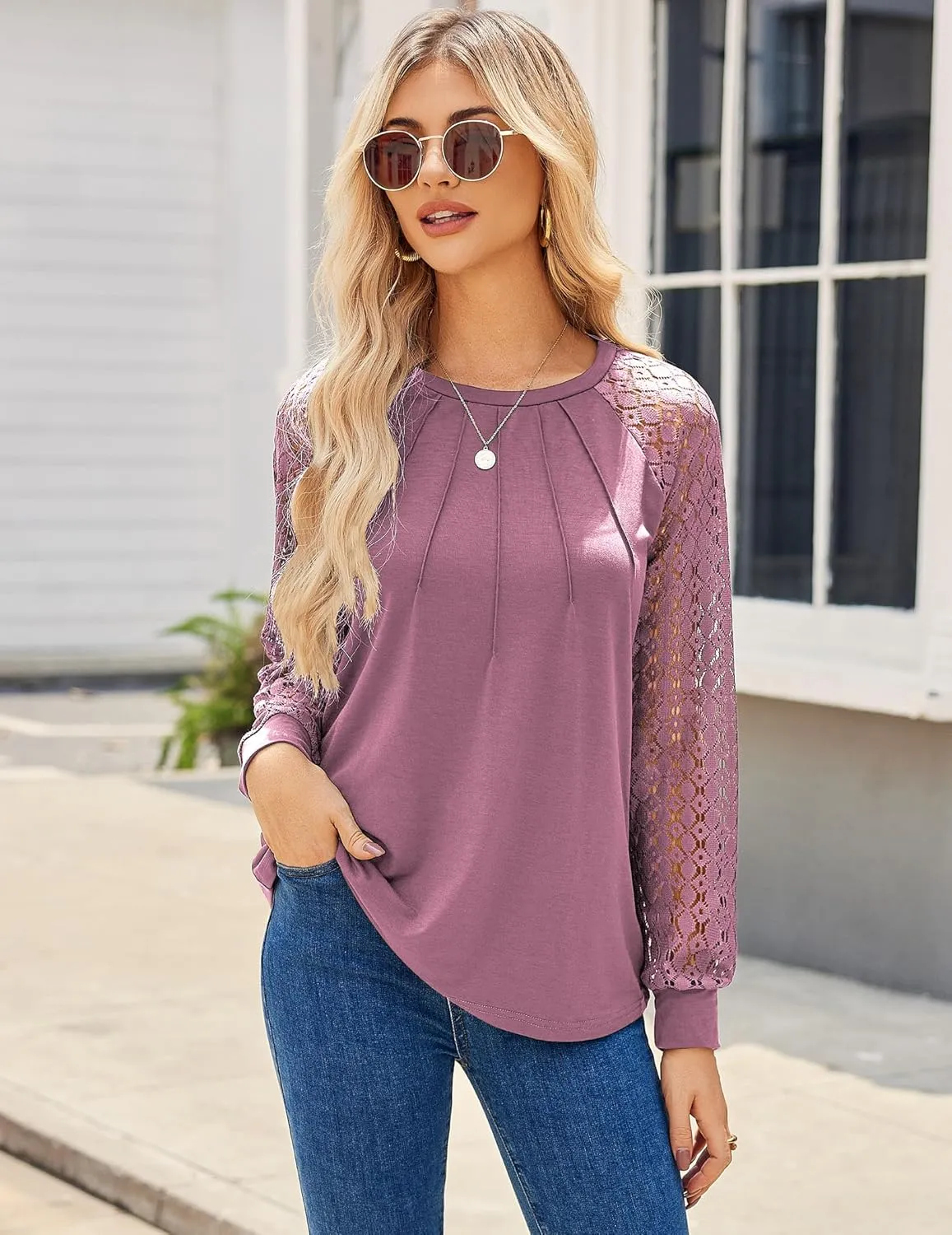 HOTOUCH Womens Lace Short/Long Sleeve Tops Dressy Casual Blouses Pleated Work Dressy Shirts Holiday Outfits S-3XL