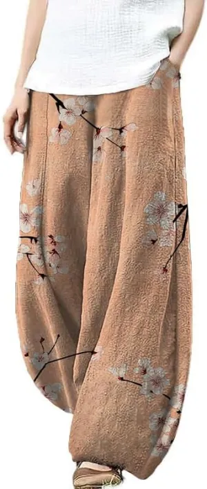 HOTYD Womens Japanese Art Print Wide Leg Linen Pants Relaxed Fit Lantern Pants Casual Summer Baggy Trousers with Pockets