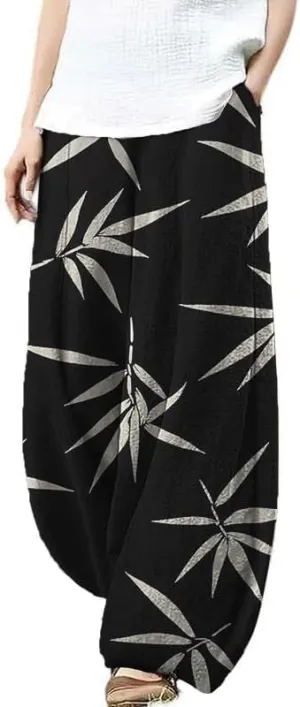 HOTYD Womens Japanese Art Print Wide Leg Linen Pants Relaxed Fit Lantern Pants Casual Summer Baggy Trousers with Pockets