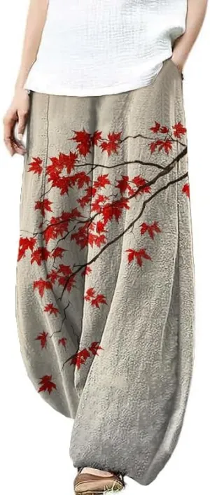 HOTYD Womens Japanese Art Print Wide Leg Linen Pants Relaxed Fit Lantern Pants Casual Summer Baggy Trousers with Pockets