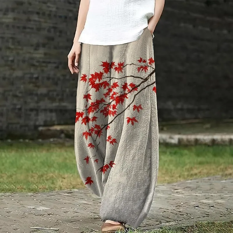 HOTYD Womens Japanese Art Print Wide Leg Linen Pants Relaxed Fit Lantern Pants Casual Summer Baggy Trousers with Pockets