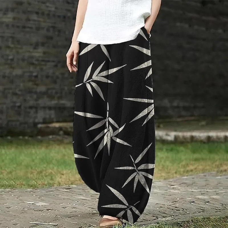 HOTYD Womens Japanese Art Print Wide Leg Linen Pants Relaxed Fit Lantern Pants Casual Summer Baggy Trousers with Pockets