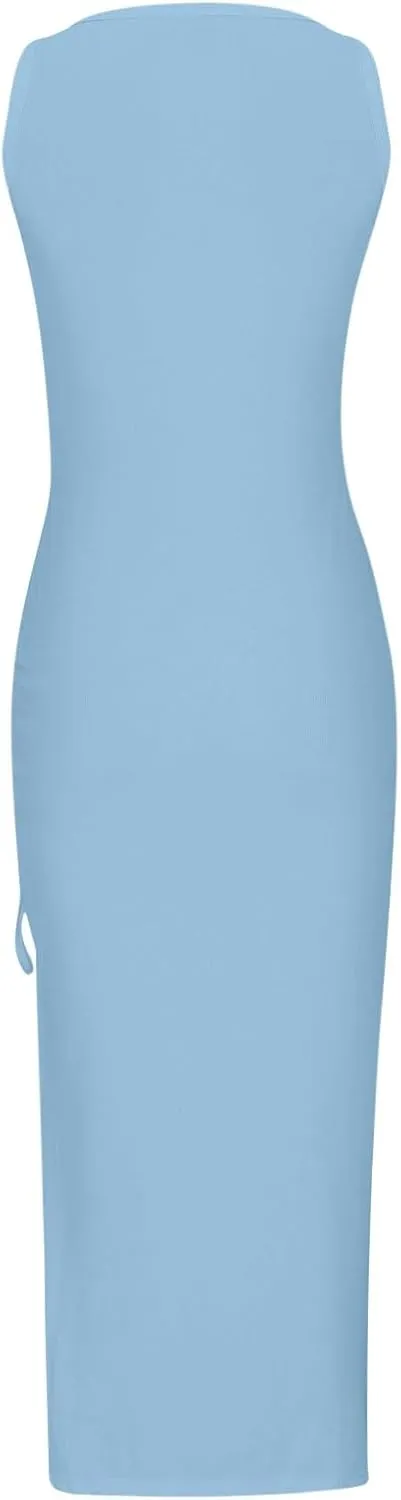 Hvyesh Womens Summer Bodycon Tank Dresses 2024 Sleeveless High Waist Ribbed Long Dress Drawstring Ruched Sexy High Slit Dress