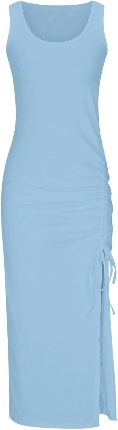 Hvyesh Womens Summer Bodycon Tank Dresses 2024 Sleeveless High Waist Ribbed Long Dress Drawstring Ruched Sexy High Slit Dress