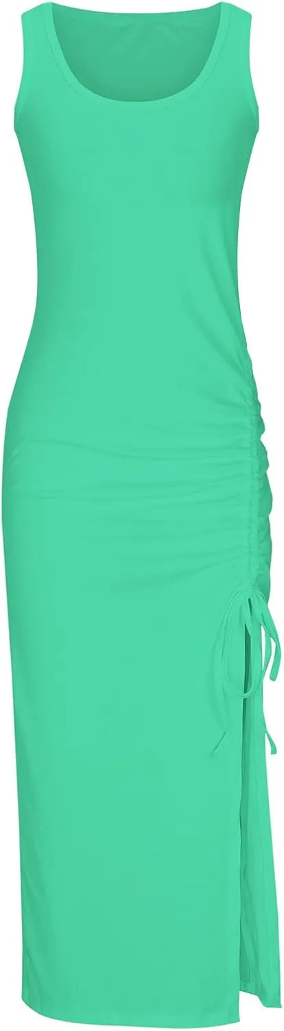 Hvyesh Womens Summer Bodycon Tank Dresses 2024 Sleeveless High Waist Ribbed Long Dress Drawstring Ruched Sexy High Slit Dress