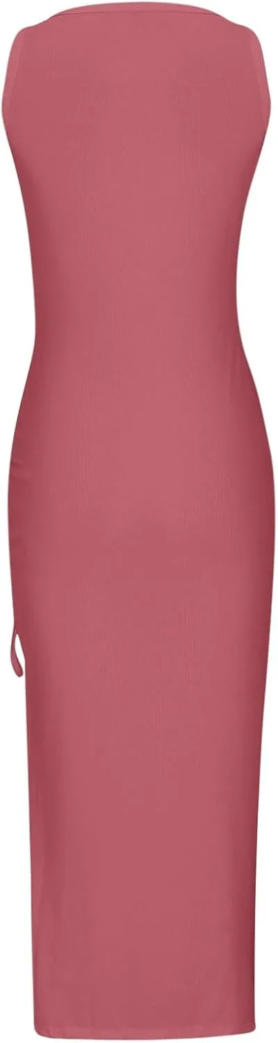 Hvyesh Womens Summer Bodycon Tank Dresses 2024 Sleeveless High Waist Ribbed Long Dress Drawstring Ruched Sexy High Slit Dress