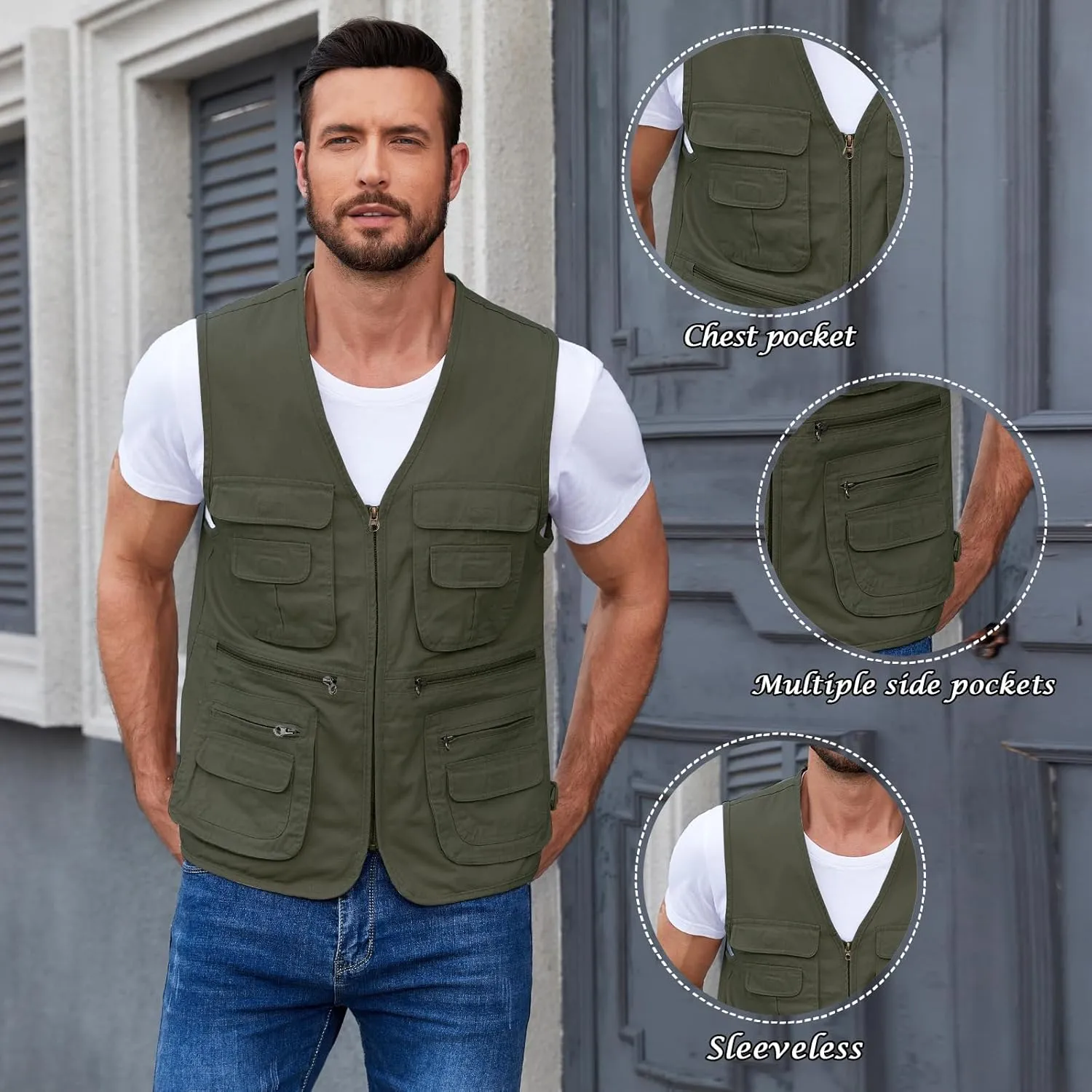 Jade Hare Men's Lightweight Fishing Safari Vest Travel Outdoor Work Sleeveless Jacket Cargo Vests Military Shooting Clothing