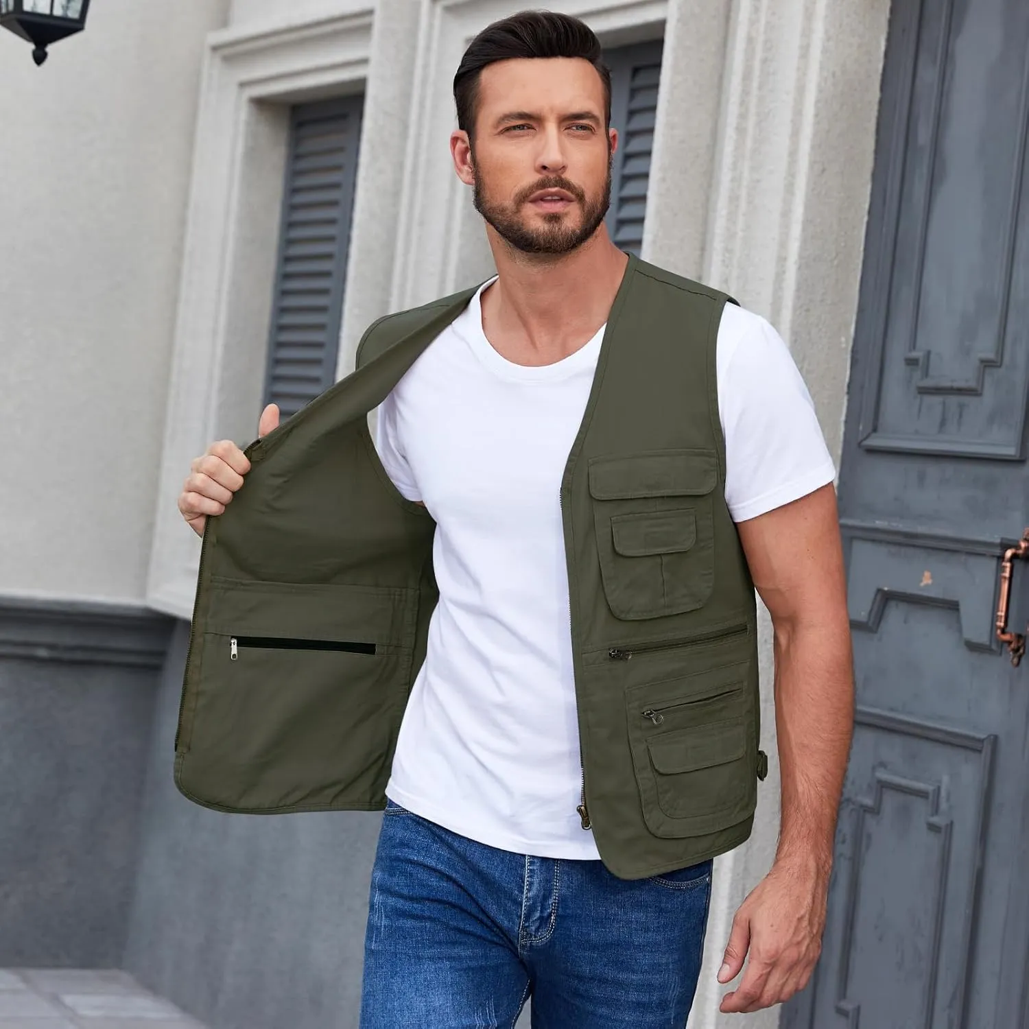 Jade Hare Men's Lightweight Fishing Safari Vest Travel Outdoor Work Sleeveless Jacket Cargo Vests Military Shooting Clothing