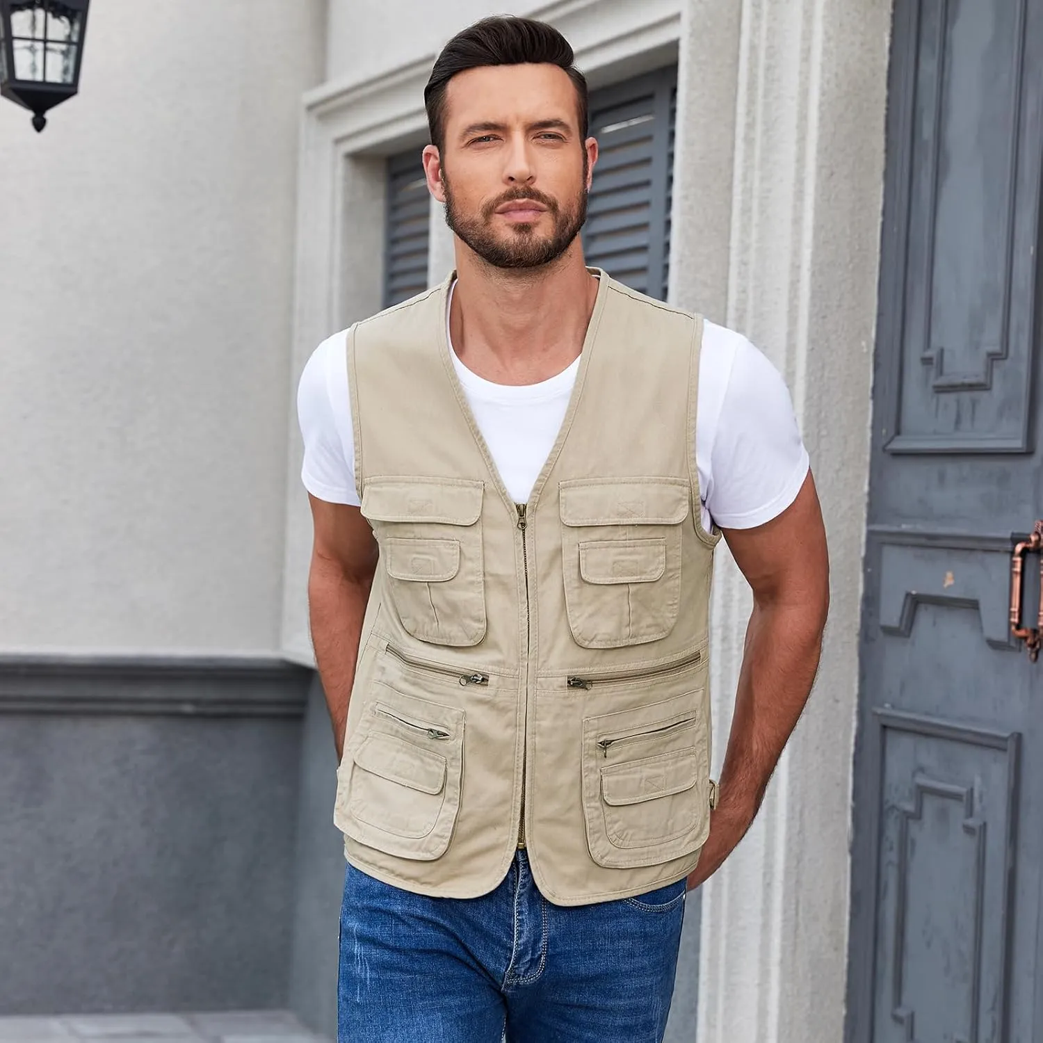 Jade Hare Men's Lightweight Fishing Safari Vest Travel Outdoor Work Sleeveless Jacket Cargo Vests Military Shooting Clothing