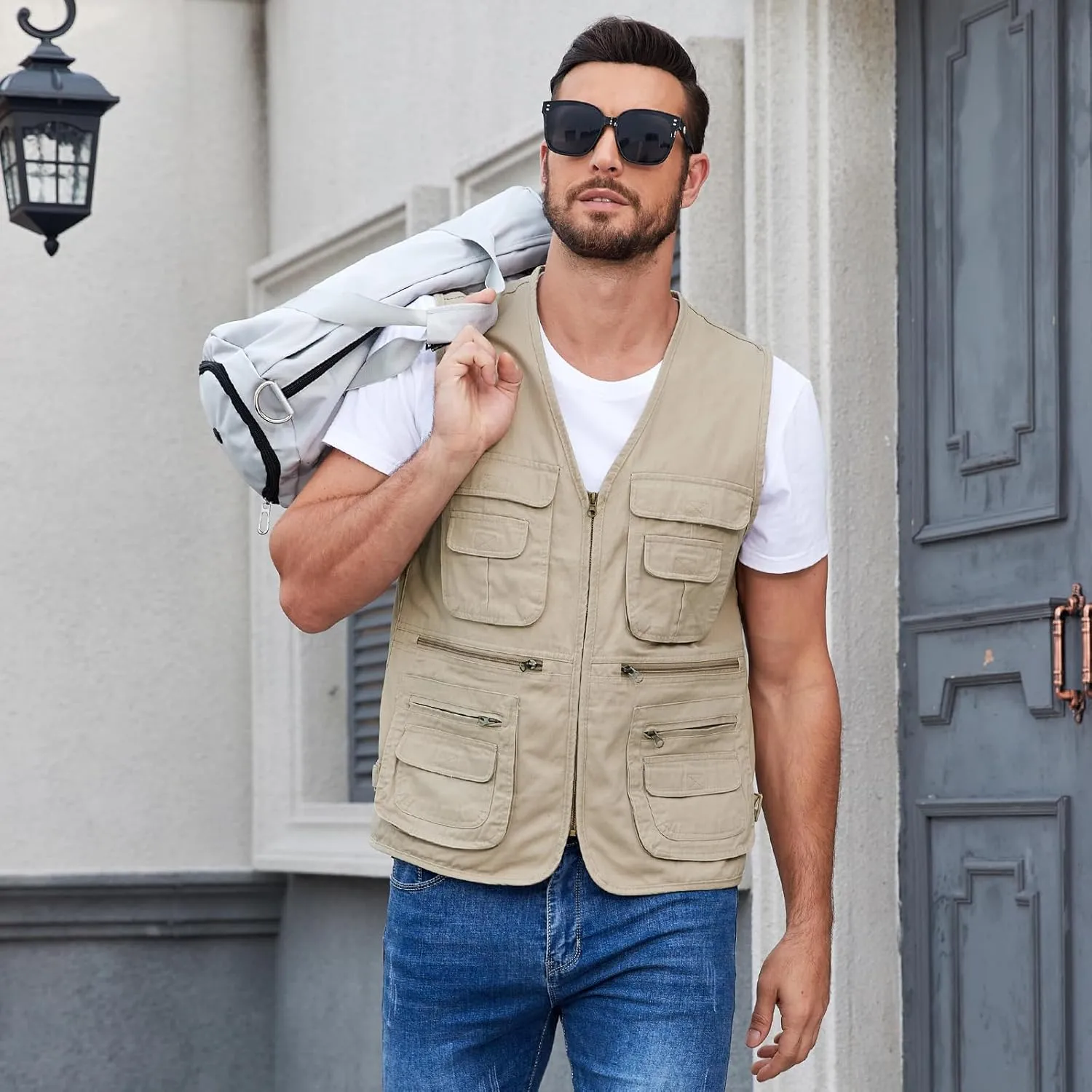 Jade Hare Men's Lightweight Fishing Safari Vest Travel Outdoor Work Sleeveless Jacket Cargo Vests Military Shooting Clothing