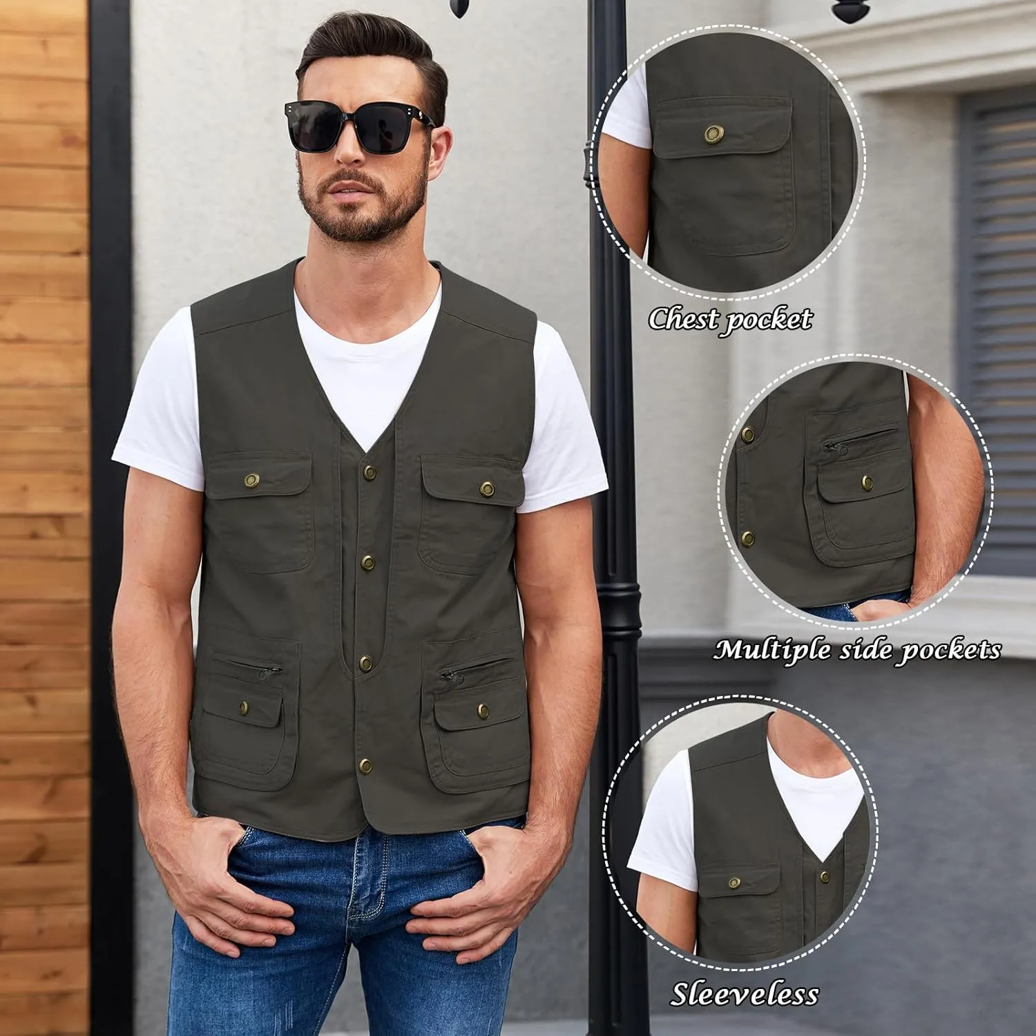 Jade Hare Men's Lightweight Fishing Safari Vest Travel Outdoor Work Sleeveless Jacket Cargo Vests Military Shooting Clothing