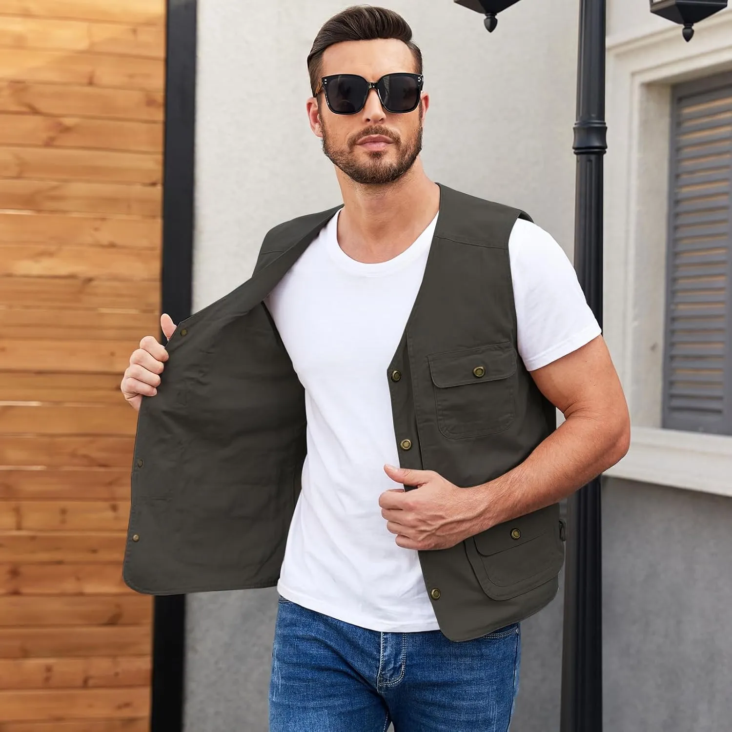 Jade Hare Men's Lightweight Fishing Safari Vest Travel Outdoor Work Sleeveless Jacket Cargo Vests Military Shooting Clothing