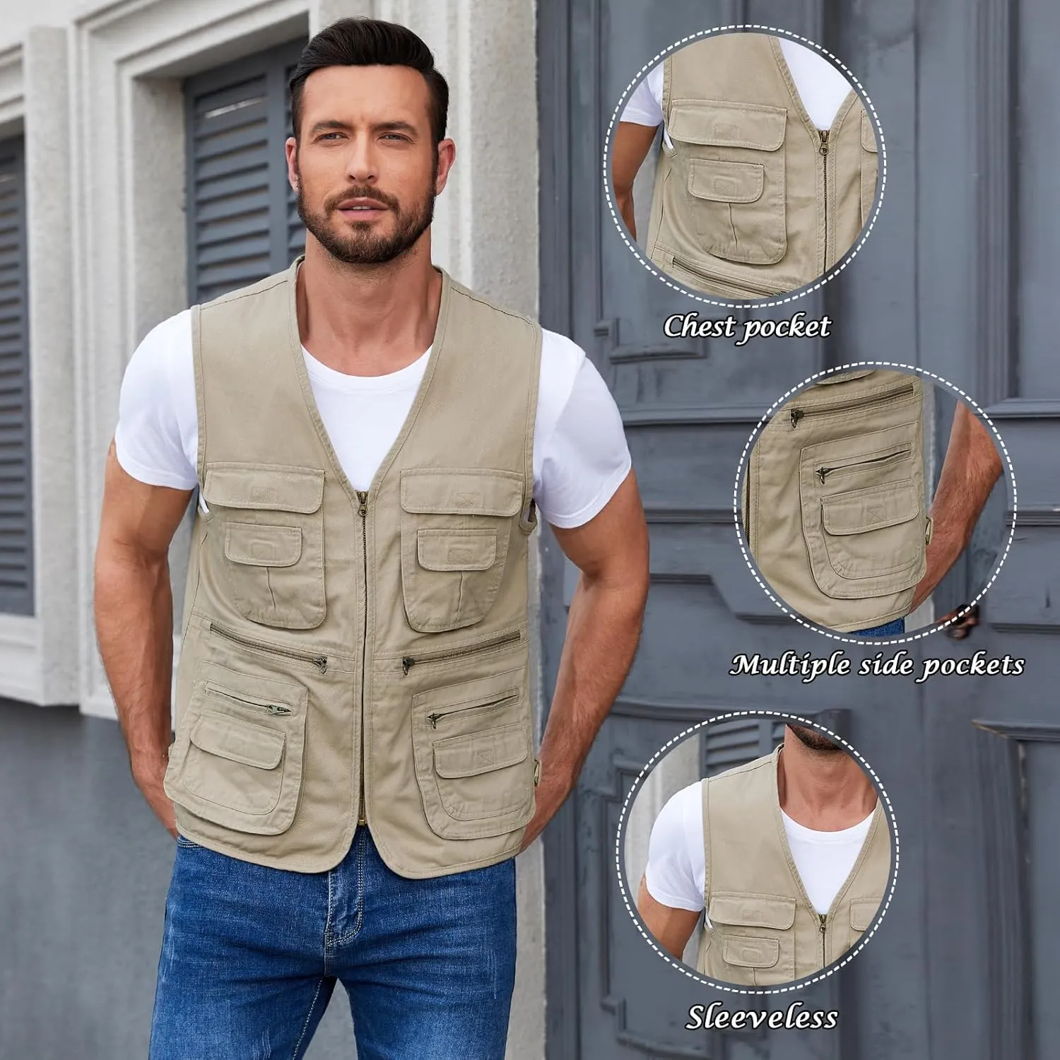 Jade Hare Men's Lightweight Fishing Safari Vest Travel Outdoor Work Sleeveless Jacket Cargo Vests Military Shooting Clothing