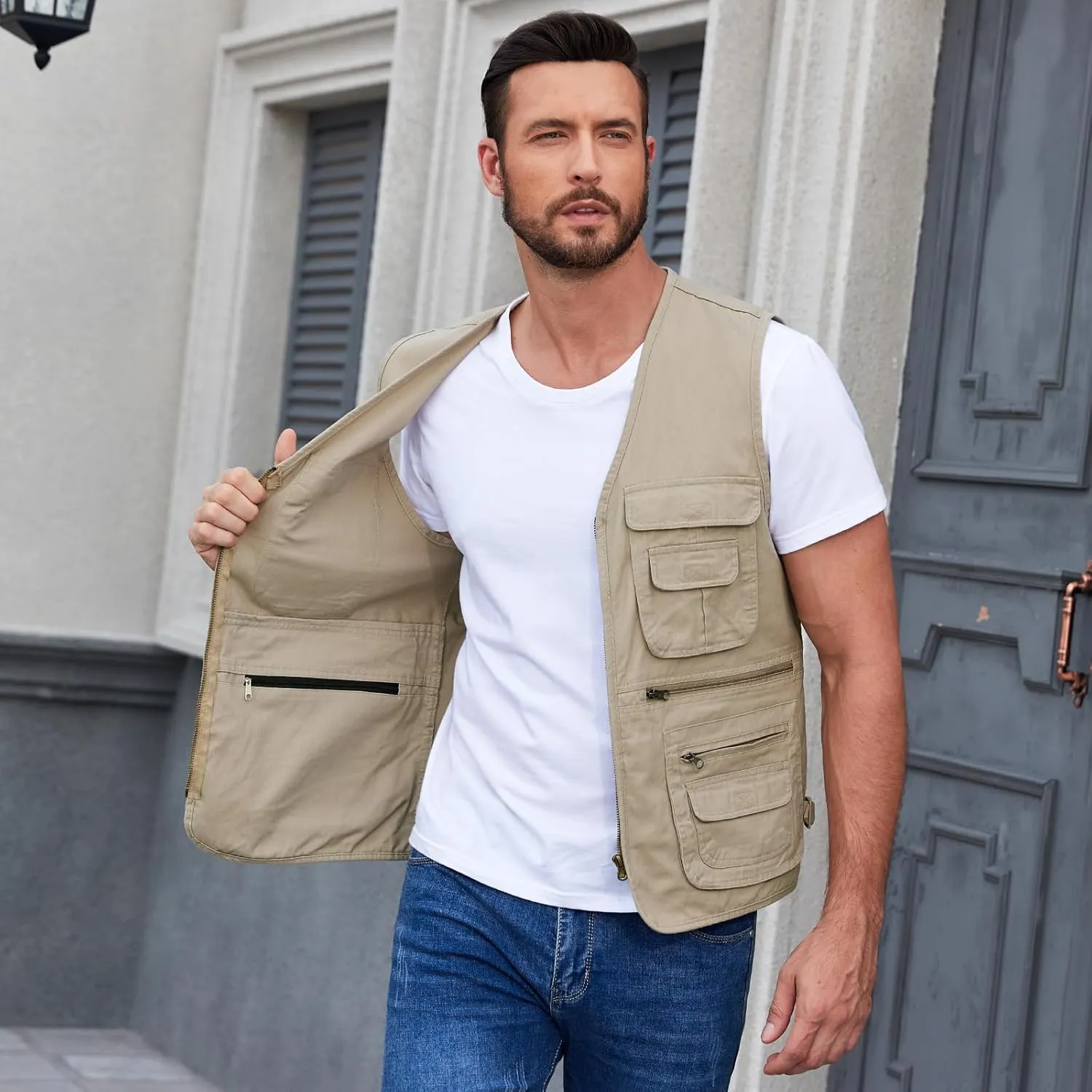Jade Hare Men's Lightweight Fishing Safari Vest Travel Outdoor Work Sleeveless Jacket Cargo Vests Military Shooting Clothing