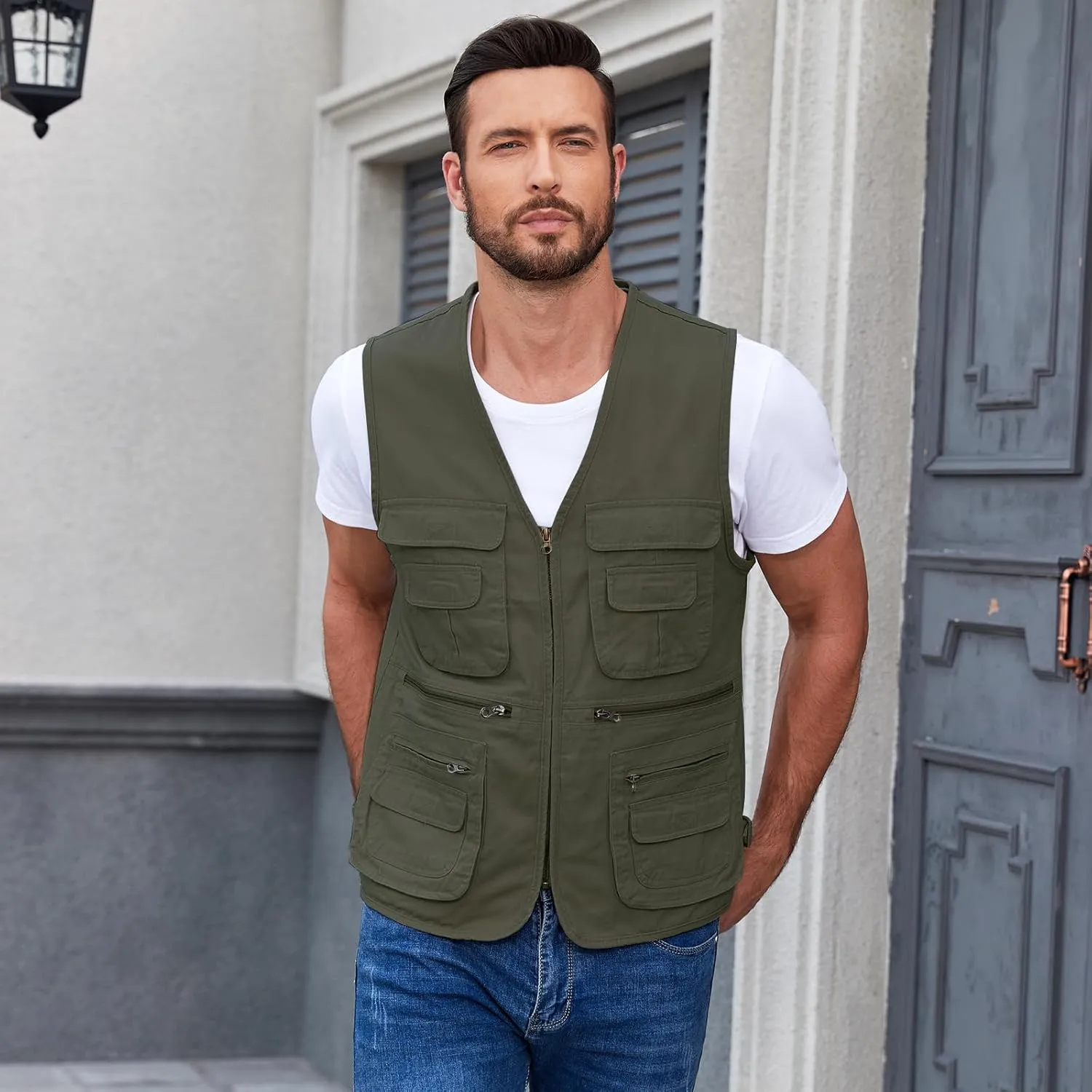 Jade Hare Men's Lightweight Fishing Safari Vest Travel Outdoor Work Sleeveless Jacket Cargo Vests Military Shooting Clothing