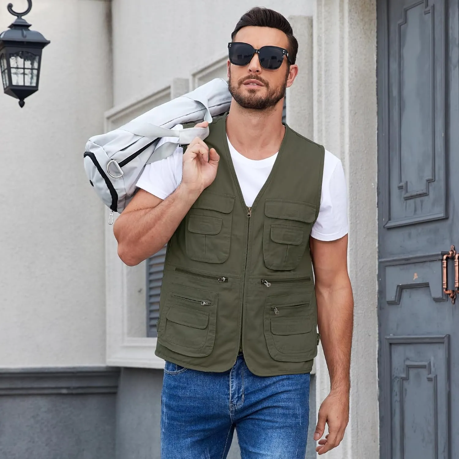 Jade Hare Men's Lightweight Fishing Safari Vest Travel Outdoor Work Sleeveless Jacket Cargo Vests Military Shooting Clothing