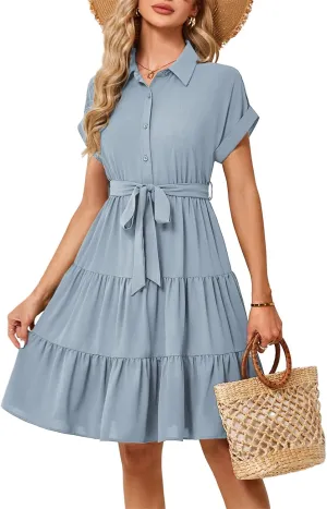 JASAMBAC Women's Button Down Shirt Dress 2025 Casual Work Summer Collared V Neck Elastic Waist Flowy Pocket Beach Sundress