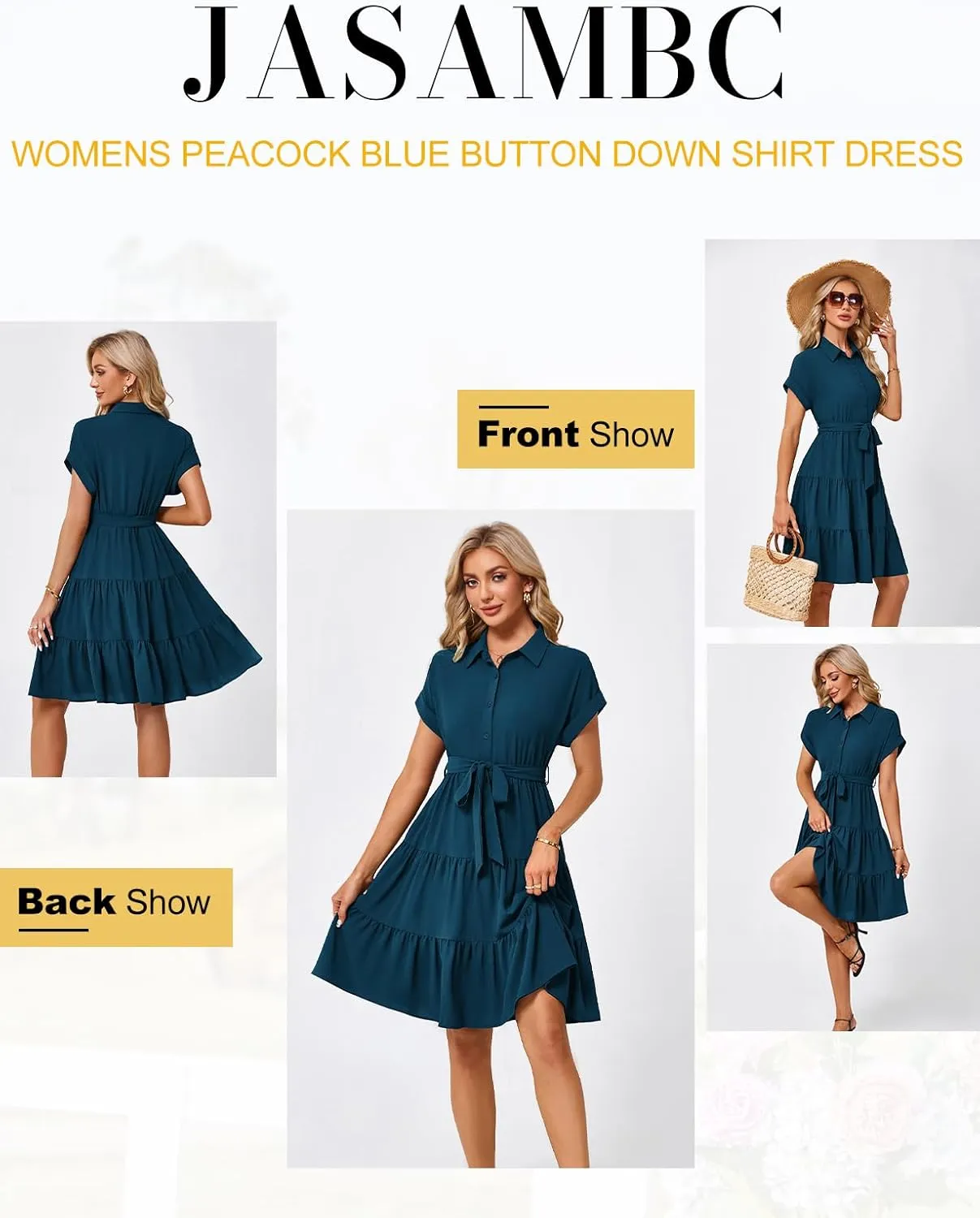 JASAMBAC Women's Button Down Shirt Dress 2025 Casual Work Summer Collared V Neck Elastic Waist Flowy Pocket Beach Sundress