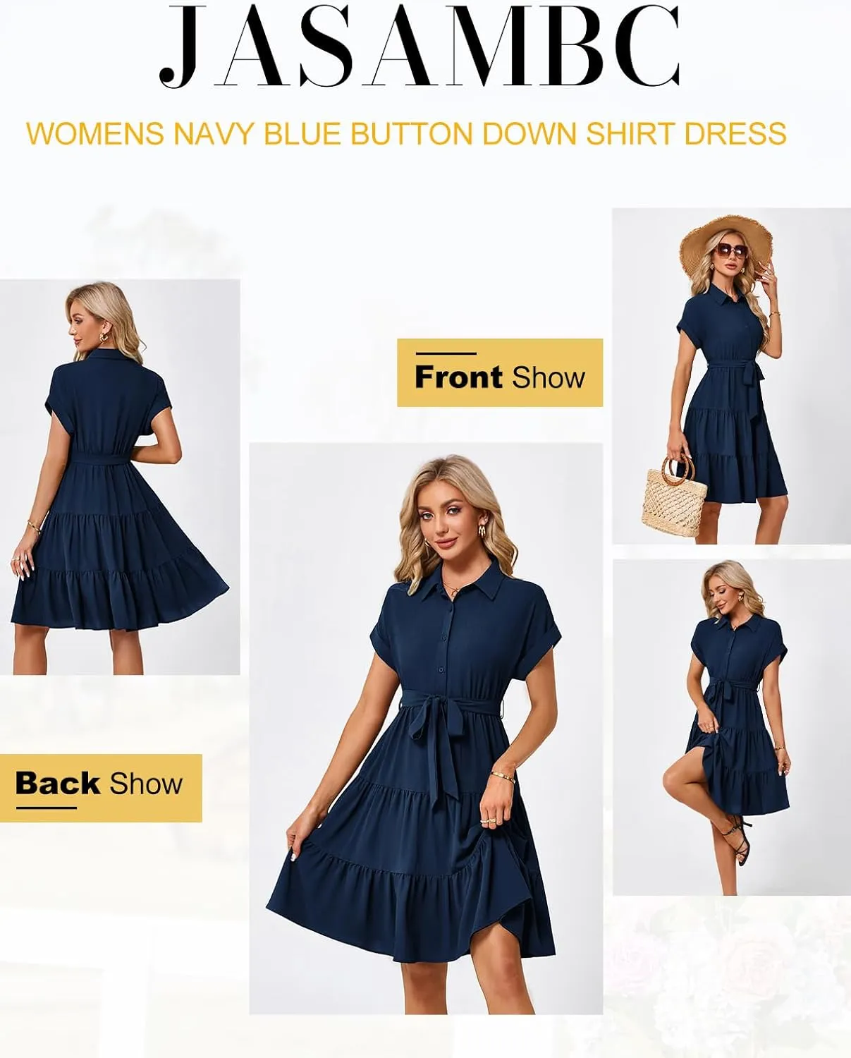 JASAMBAC Women's Button Down Shirt Dress 2025 Casual Work Summer Collared V Neck Elastic Waist Flowy Pocket Beach Sundress