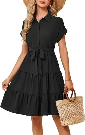 JASAMBAC Women's Button Down Shirt Dress 2025 Casual Work Summer Collared V Neck Elastic Waist Flowy Pocket Beach Sundress