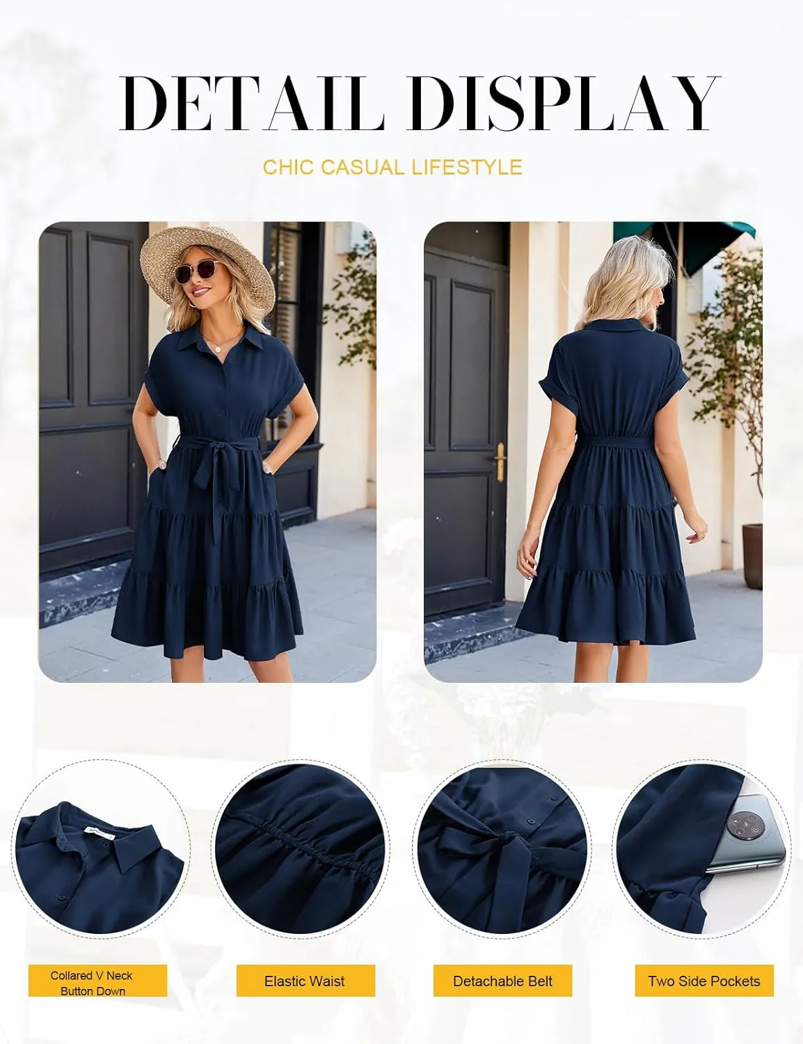 JASAMBAC Women's Button Down Shirt Dress 2025 Casual Work Summer Collared V Neck Elastic Waist Flowy Pocket Beach Sundress
