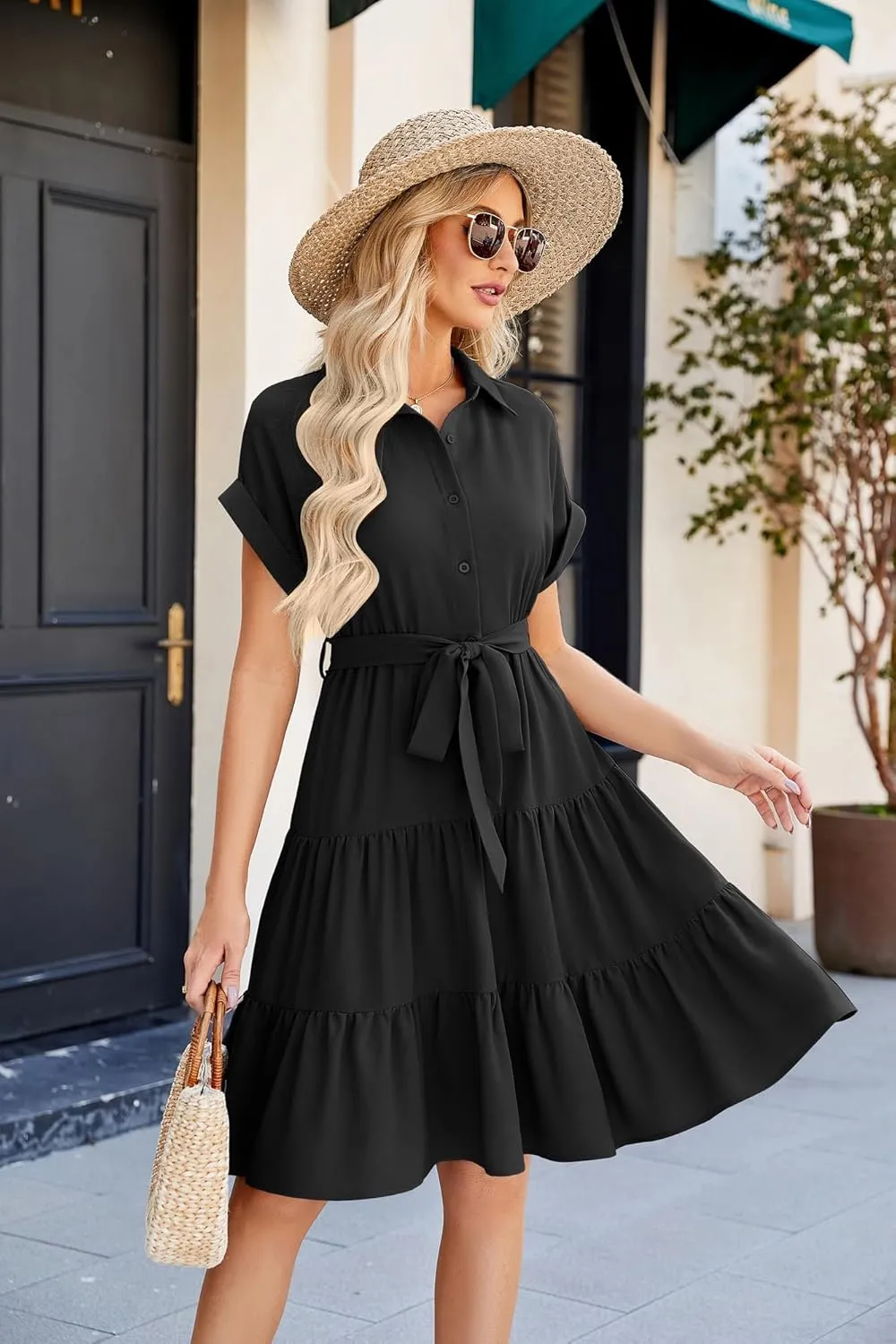 JASAMBAC Women's Button Down Shirt Dress 2025 Casual Work Summer Collared V Neck Elastic Waist Flowy Pocket Beach Sundress