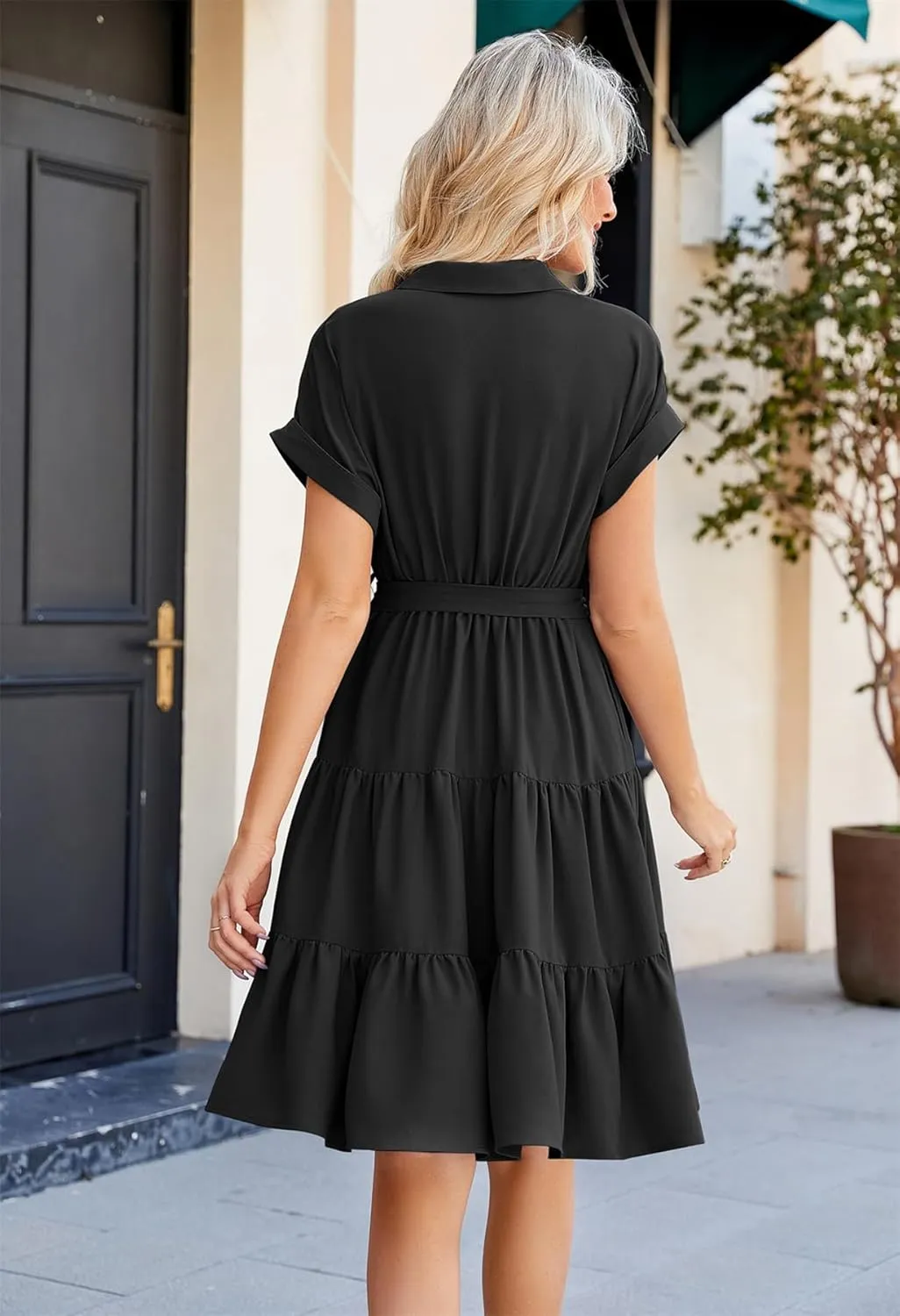JASAMBAC Women's Button Down Shirt Dress 2025 Casual Work Summer Collared V Neck Elastic Waist Flowy Pocket Beach Sundress