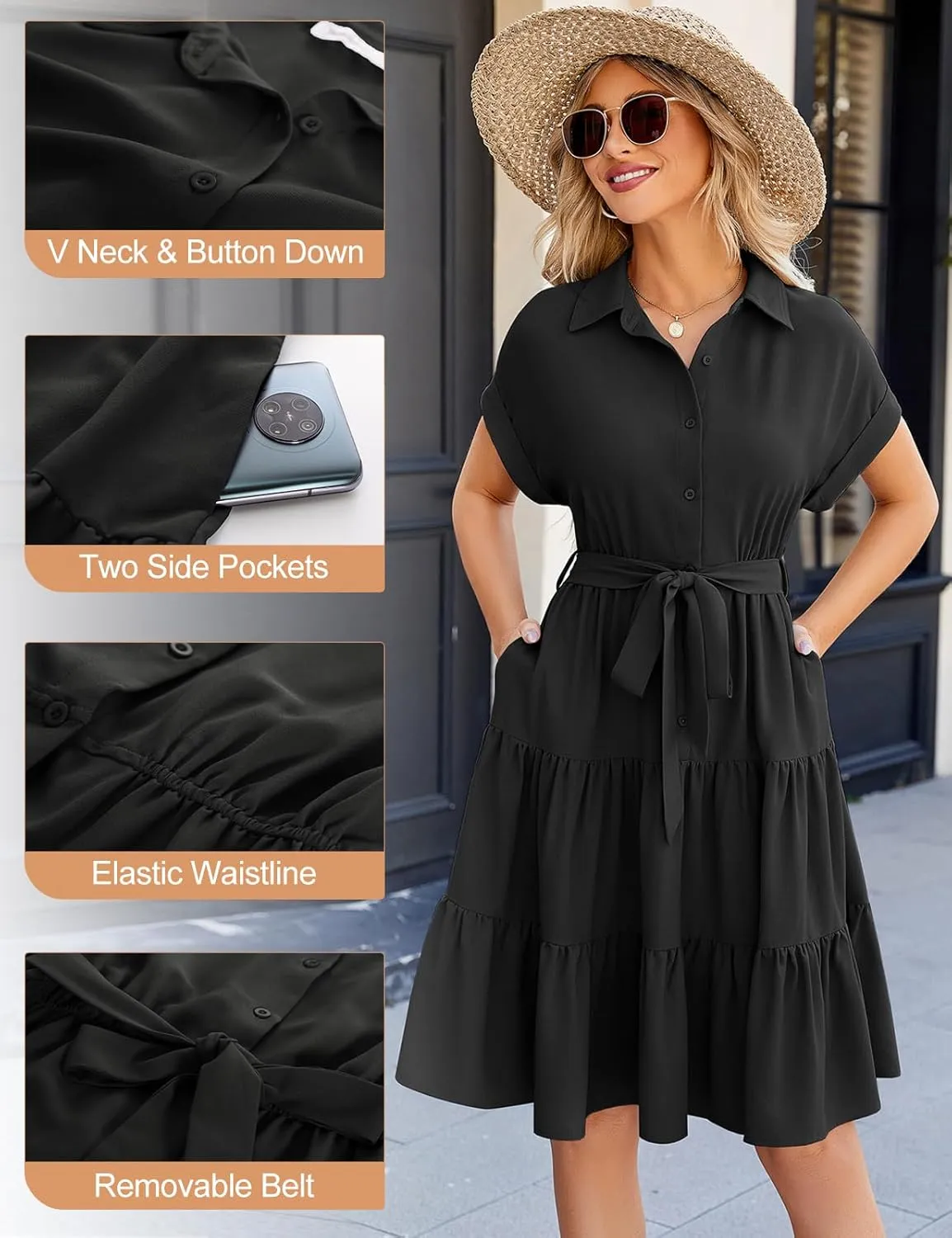 JASAMBAC Women's Button Down Shirt Dress 2025 Casual Work Summer Collared V Neck Elastic Waist Flowy Pocket Beach Sundress