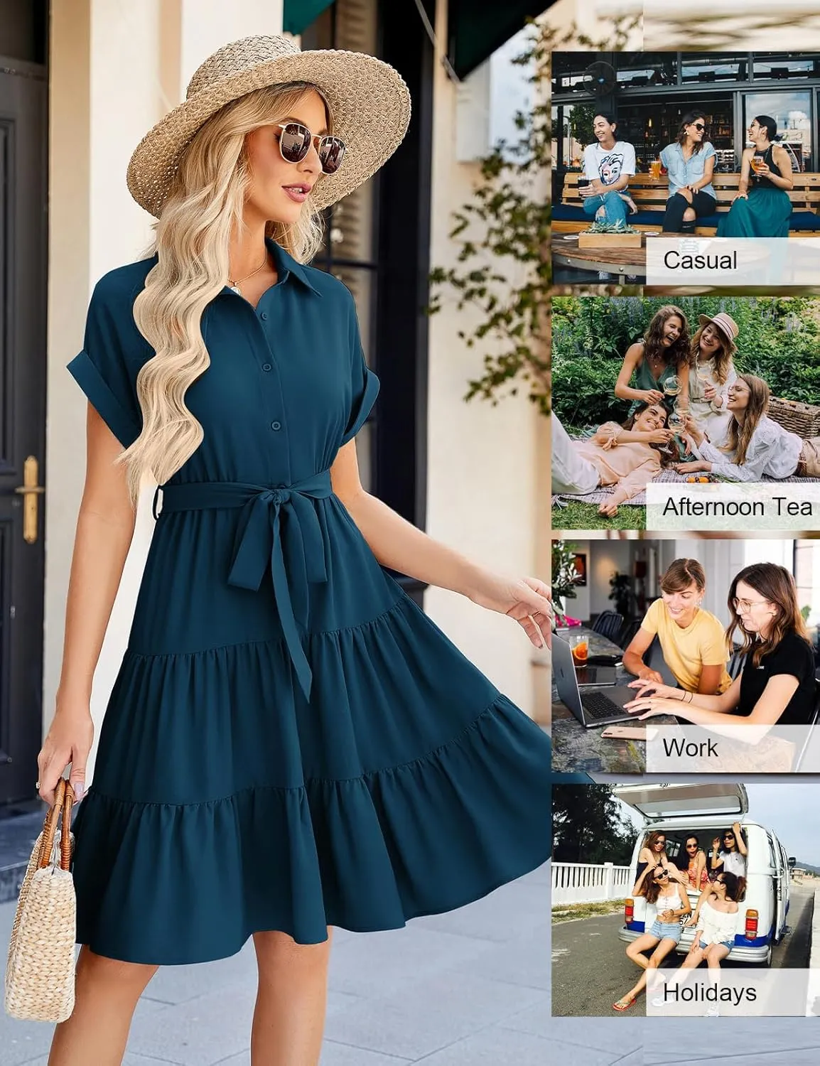 JASAMBAC Women's Button Down Shirt Dress 2025 Casual Work Summer Collared V Neck Elastic Waist Flowy Pocket Beach Sundress