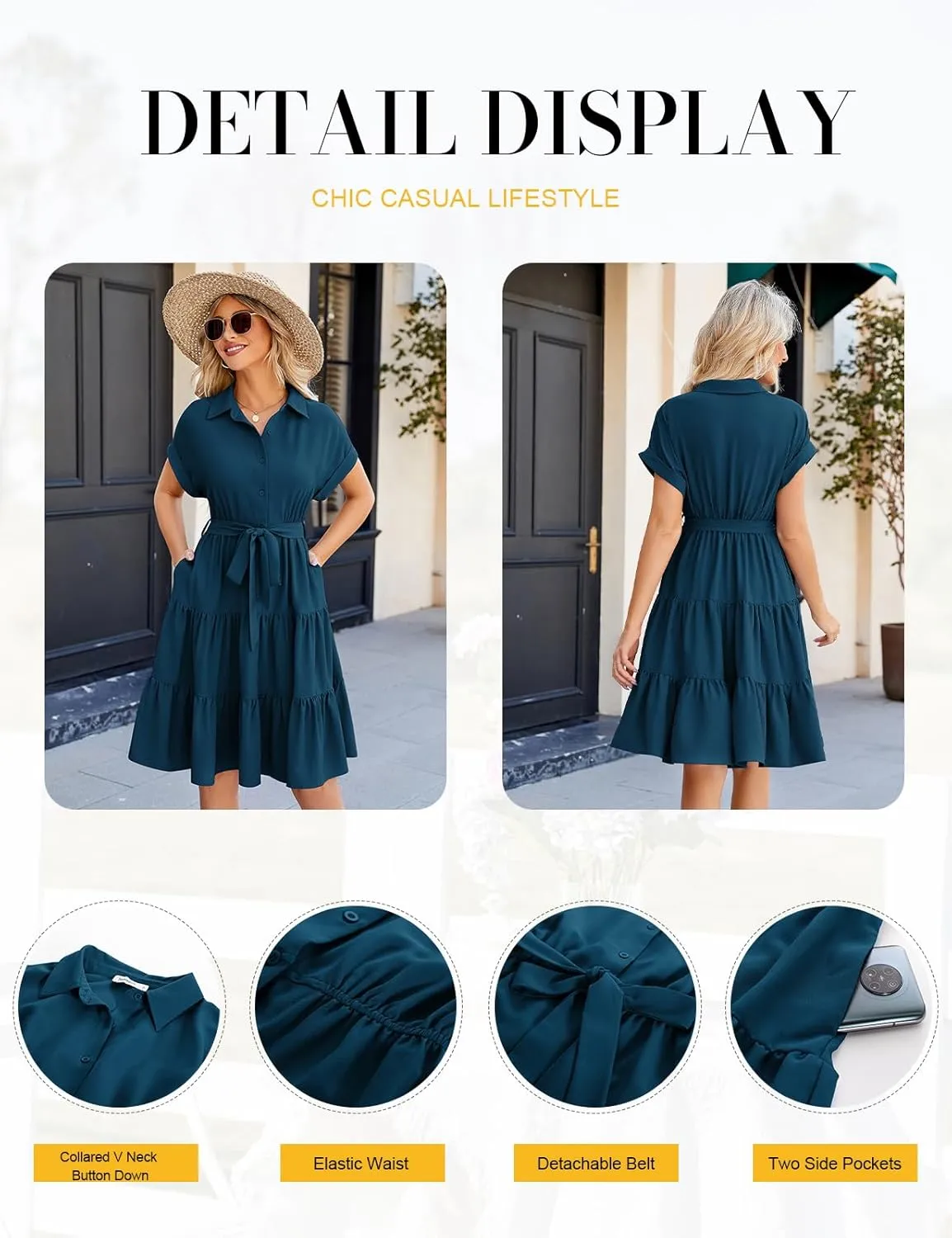 JASAMBAC Women's Button Down Shirt Dress 2025 Casual Work Summer Collared V Neck Elastic Waist Flowy Pocket Beach Sundress