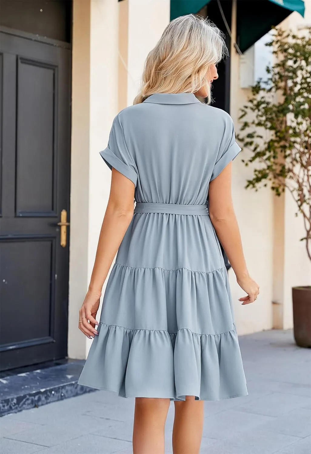 JASAMBAC Women's Button Down Shirt Dress 2025 Casual Work Summer Collared V Neck Elastic Waist Flowy Pocket Beach Sundress