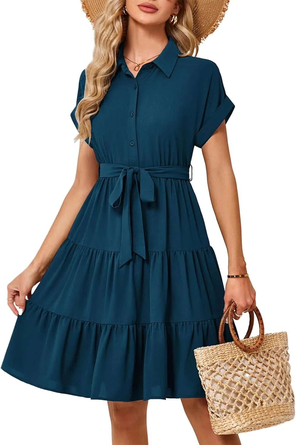 JASAMBAC Women's Button Down Shirt Dress 2025 Casual Work Summer Collared V Neck Elastic Waist Flowy Pocket Beach Sundress