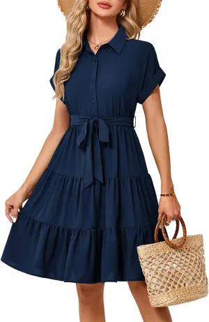 JASAMBAC Women's Button Down Shirt Dress 2025 Casual Work Summer Collared V Neck Elastic Waist Flowy Pocket Beach Sundress