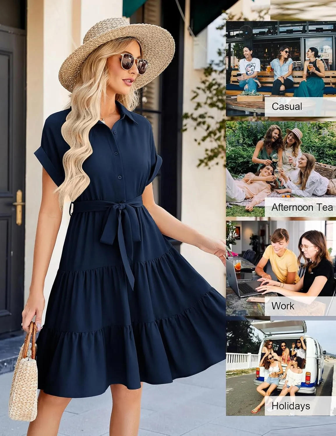 JASAMBAC Women's Button Down Shirt Dress 2025 Casual Work Summer Collared V Neck Elastic Waist Flowy Pocket Beach Sundress