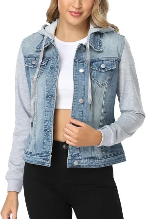 J.Corrine Women's Classic Casual Hooded Denim Jacket Drawstring Vintage Washed Jean Jacket Sweatshirt with Pockets