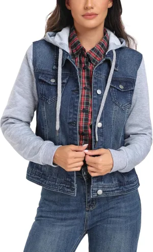 J.Corrine Women's Classic Casual Hooded Denim Jacket Drawstring Vintage Washed Jean Jacket Sweatshirt with Pockets