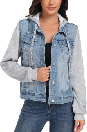 J.Corrine Women's Classic Casual Hooded Denim Jacket Drawstring Vintage Washed Jean Jacket Sweatshirt with Pockets